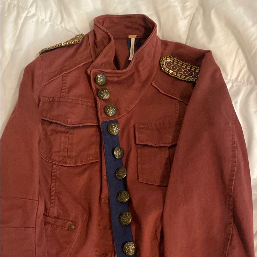 Free People burgundy, Military Jacket with navy trim and beaded embellishments.